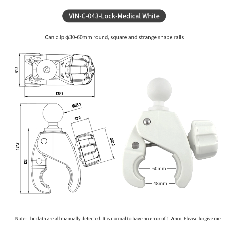 VINmounts 1.5''/38mm/C Sizes Tough-Claw Large Clamp with Lock  for 1.18''-2.76''  or 30-63mm Diameter Pole for Healthcare VIN-C-043-lock-White