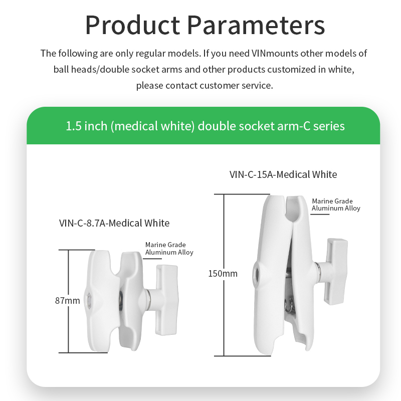 VINmounts 87mm White Double Socket Arm - 1.5" Ball C Size for Medical Equipments or Healthcare Industry VIN-C-8.7A-White