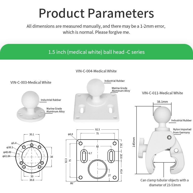 VINmounts 87mm White Double Socket Arm - 1.5" Ball C Size for Medical Equipments or Healthcare Industry VIN-C-8.7A-White