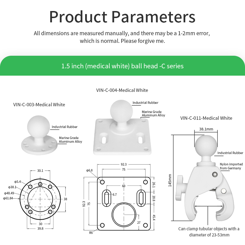 VINmounts 87mm White Double Socket Arm - 1.5" Ball C Size for Medical Equipments or Healthcare Industry VIN-C-8.7A-White