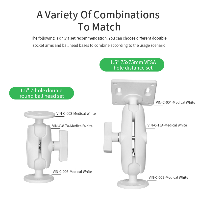VINmounts 87mm White Double Socket Arm - 1.5" Ball C Size for Medical Equipments or Healthcare Industry VIN-C-8.7A-White