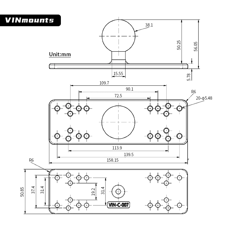 VINmounts Aluminum Fish Finder Mount with  1.5" / C Size Ball and Extension(18.3") Arm, Marine Electronic/Depth Finder Mount for Boat, 360° Rotation, Compatible with Garmin, Lowrance, Humminbird and More VIN-C-007+VIN-C-300+VIN-C-003