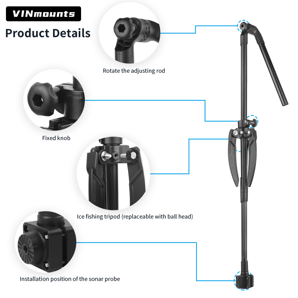 VINmounts Ice Pole Mount Upgrade for  Panoptix Livescope Ice Bundle, Durable Fishing Transducer Holder Stand VIN-BD-01