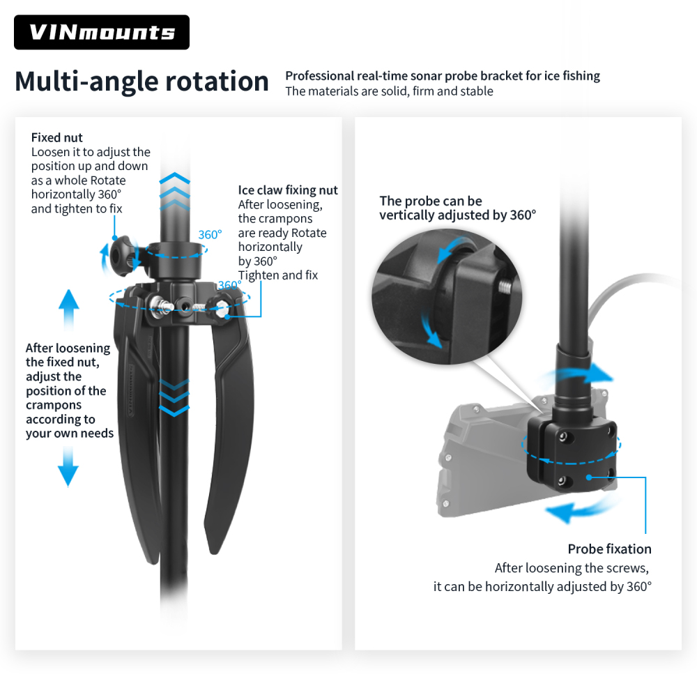 VINmounts Adjustable Ice Fishing Transducer Pole Mount with Telescopic Arm for Livescope Sonar System VIN-BD-01-C
