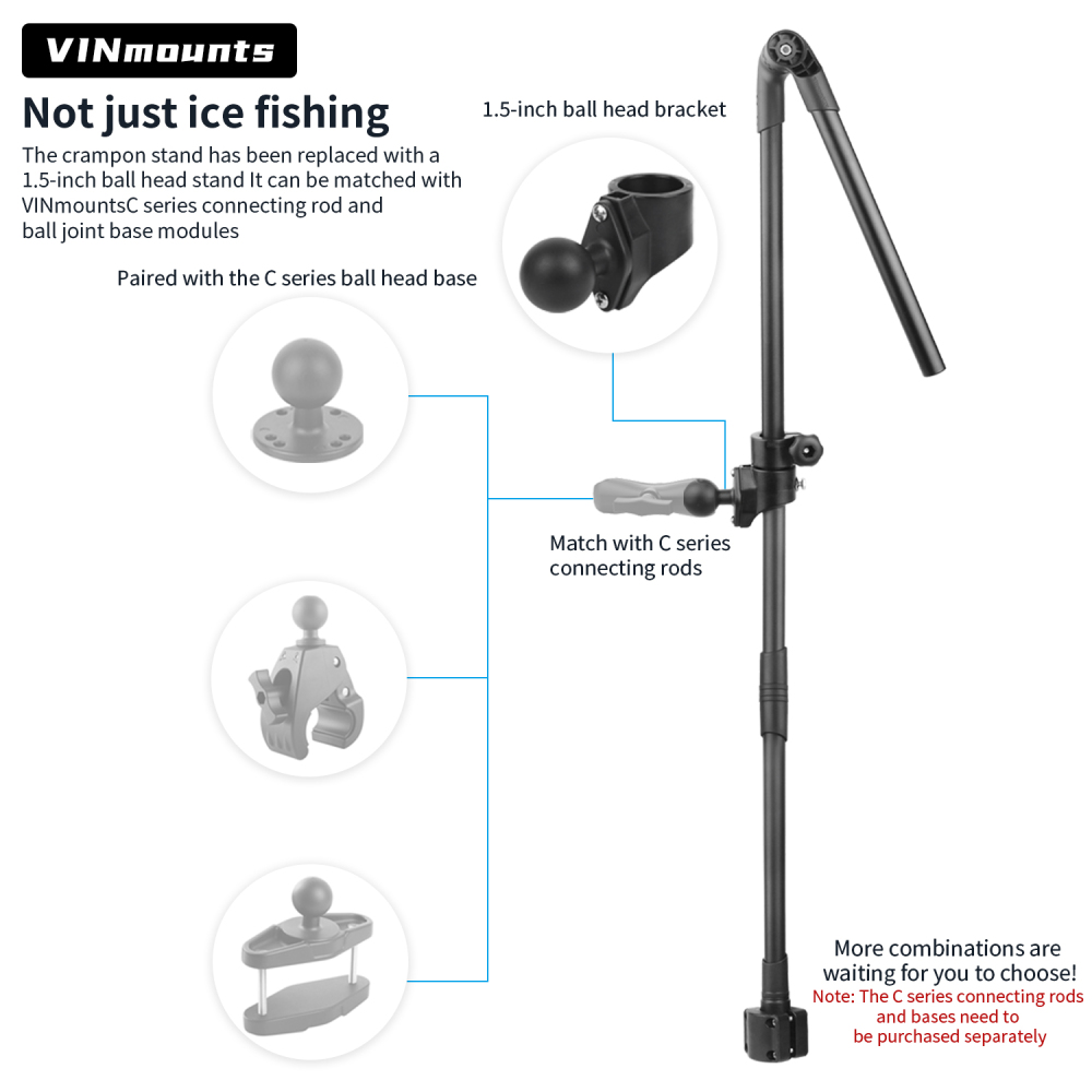 VINmounts Adjustable Ice Fishing Transducer Pole Mount with Telescopic Arm for Livescope Sonar System VIN-BD-01-C