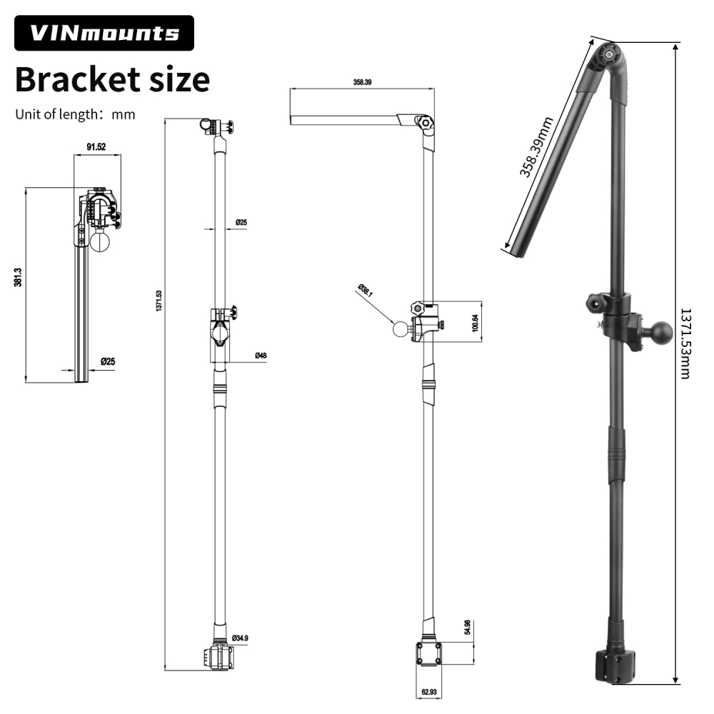 VINmounts Adjustable Ice Fishing Transducer Pole Mount with Telescopic Arm for Livescope Sonar System VIN-BD-01-C