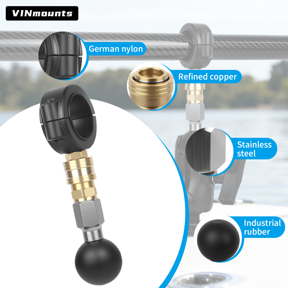 VINmounts Quick Release Fish Finder Mount Base with 1" Ball | Universal Clamp Bracket for Marine Boats & Kayaks VIN-KC-G-3U-M-C