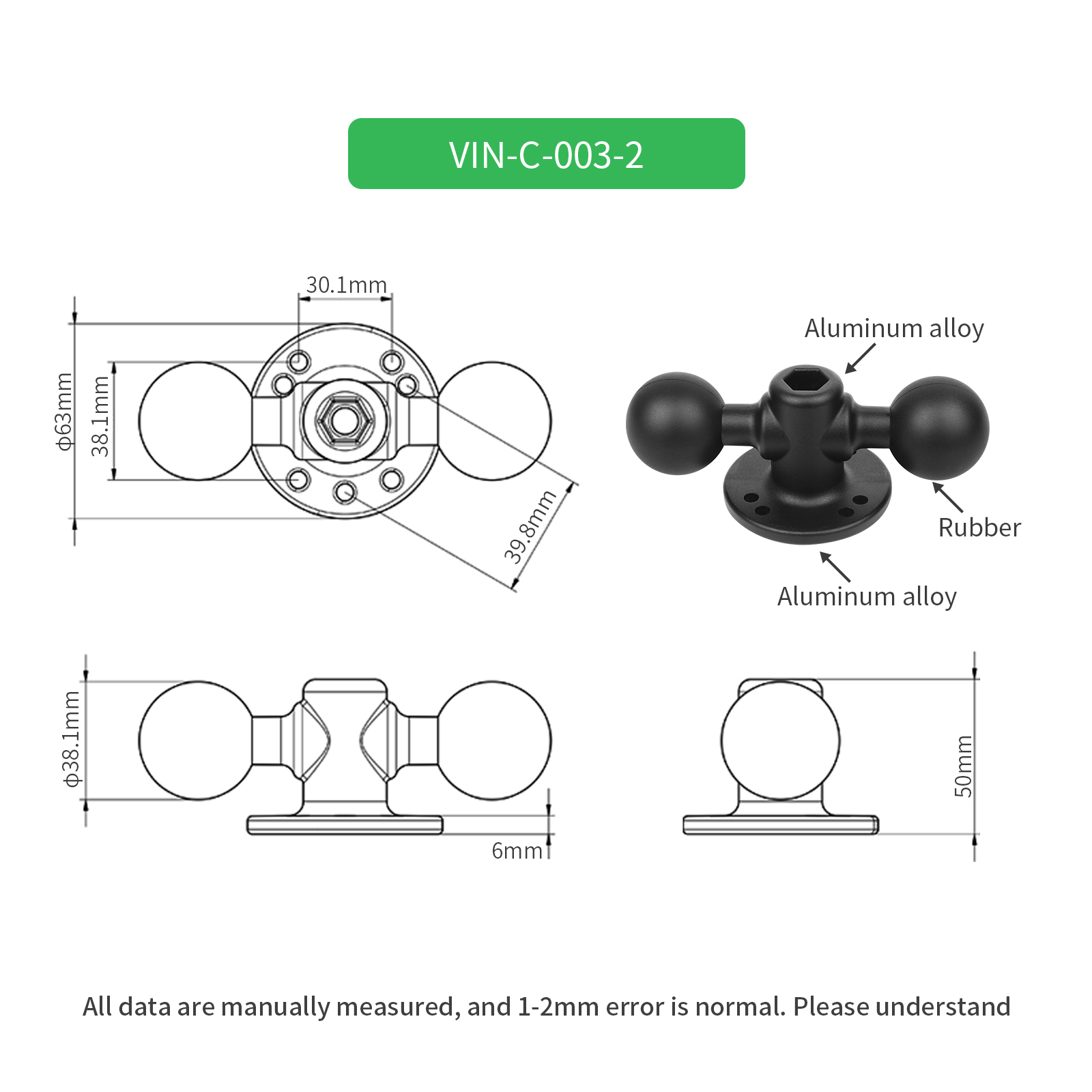 VINmounts Universal Double Ball Adapter with 1.5" Balls and Round Base Heavy-Duty  Mount for Marine/Boat/Vehicle/GPS VIN-C-003-2