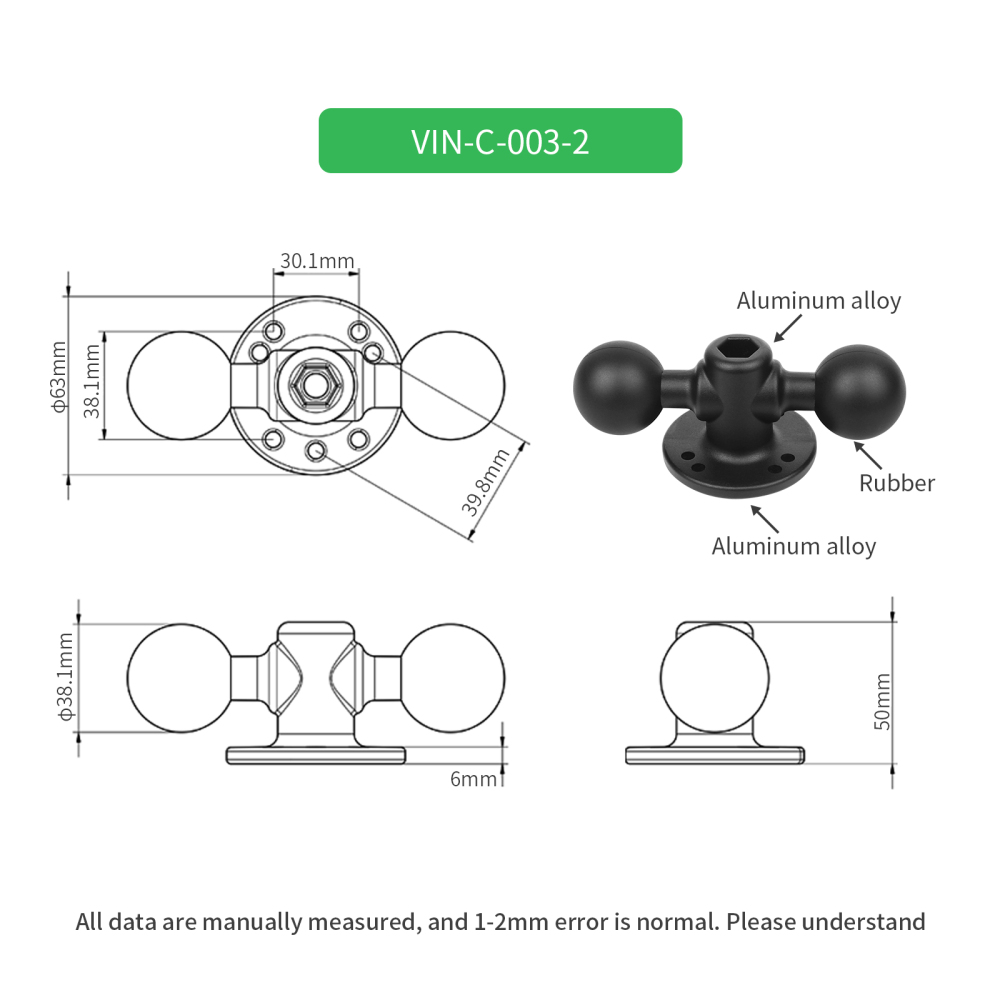 VINmounts Universal Double Ball Adapter with 1.5" Balls and Round Base Heavy-Duty  Mount for Marine/Boat/Vehicle/GPS VIN-C-003-2
