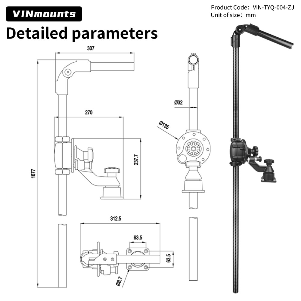 VINmounts Heavy Duty Marine Fish Finder Transducer Mount with Horizontal Arm & Ø32mm Carbon Fiber Pole VIN-TYQ-004-ZJ