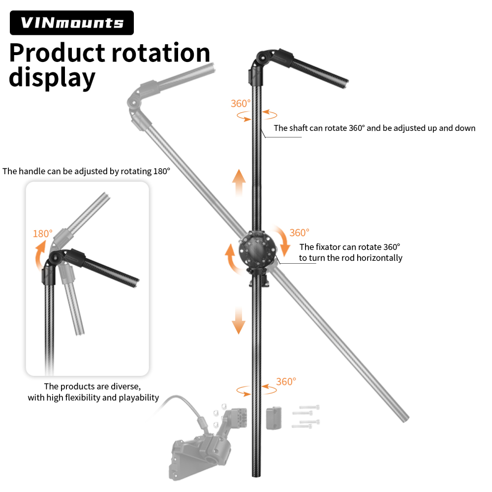 VINmounts Heavy Duty Marine Fish Finder Transducer Mount with Horizontal Arm & Ø32mm Carbon Fiber Pole VIN-TYQ-004-ZJ