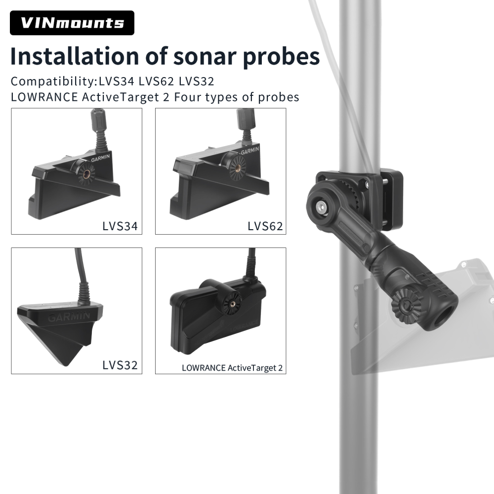 VINmounts Aluminum LiveScope Pole Transducer Mount, Multi-Angle Adjustable Sonar Mount Compatible with Garmin LiveScope LVS34/LVS32/LVS62 & Lowrance ActiveTarget VIN-TYQ-FD014