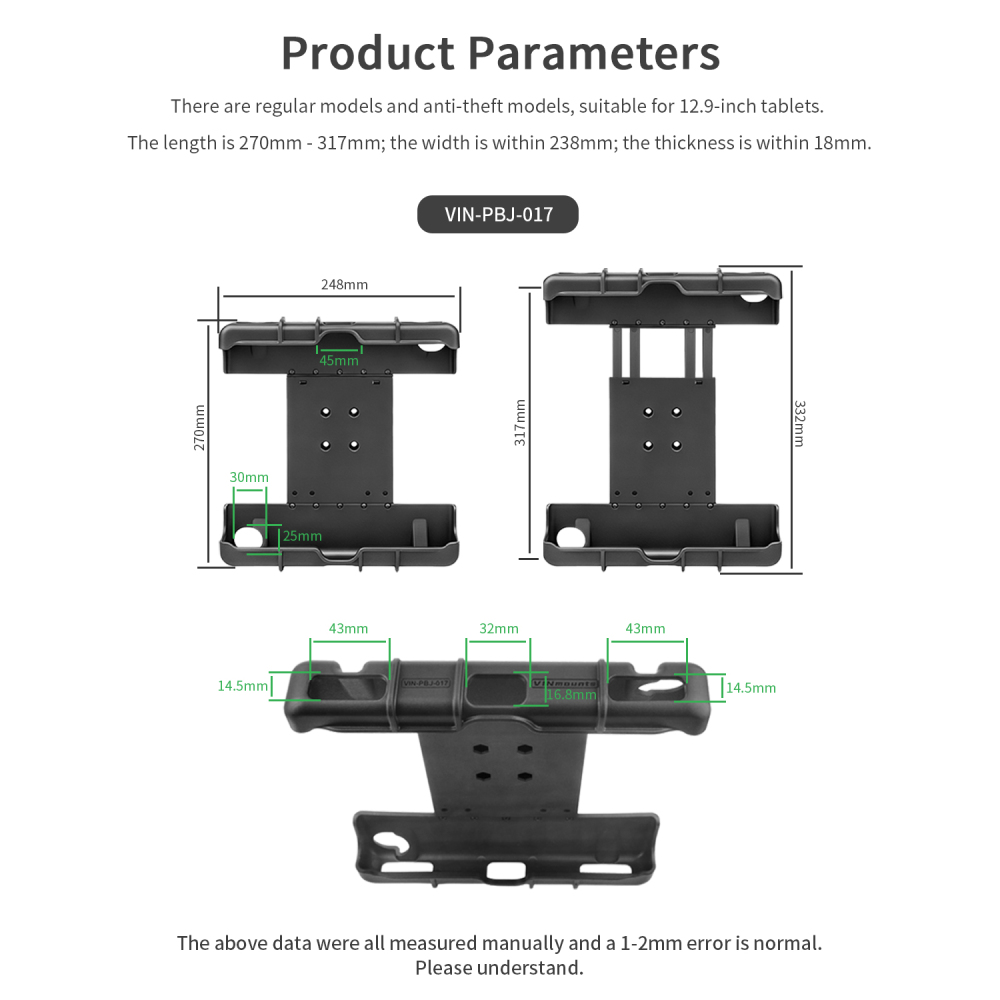 VINmounts Heavy Duty 12.9-13 Inch Tablet Holder for Apple iPad Pro 12.9 2015/2017 & iPad Pro 13 M4 2024 (7th Gen), Reinforced Nylon Adjustable Tablet Mount Clamp for Car Truck RV Boat Desk Wall Mount VIN-PBJ-017