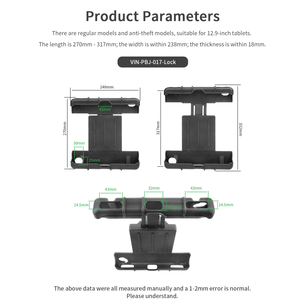 VINmounts Locking Heavy Duty 12.9-13 Inch Tablet Holder for Apple iPad Pro 12.9 2015/2017 & iPad Pro 13 M4 2024 (7th Gen), Anti-Theft Reinforced Nylon Adjustable Tablet Mount Clamp with Key Lock for Car Truck RV Boat Desk Wall Mount VIN-PBJ-017-LOCK
