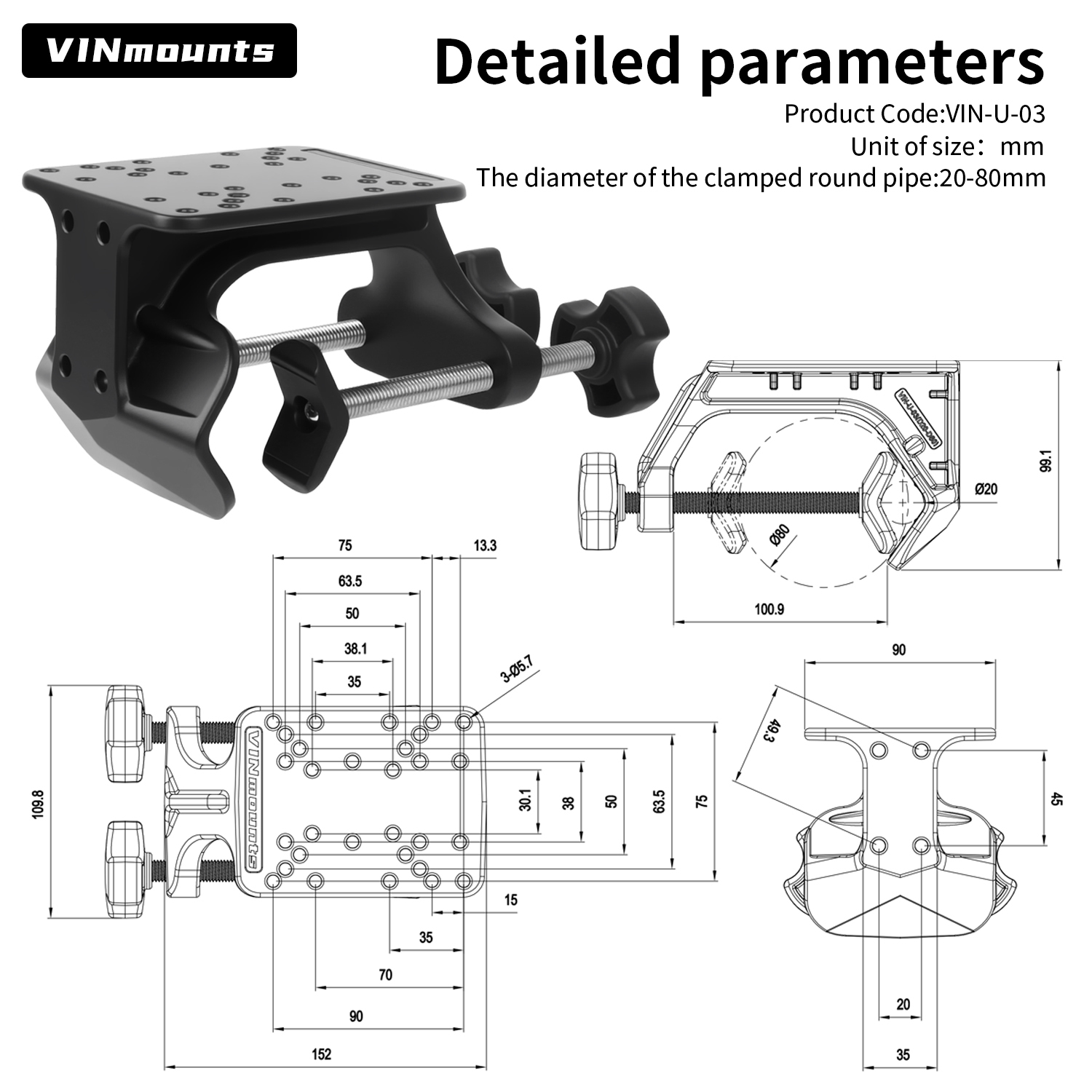 VINmounts Heavy Duty U-Clamp Mount Base for Tubes and Rails, No-Drill Adjustable Pipe Mount for Fish Finders, Tablet Holders, Monitors, Marine Electronics and Industrial Displays VIN-U-03