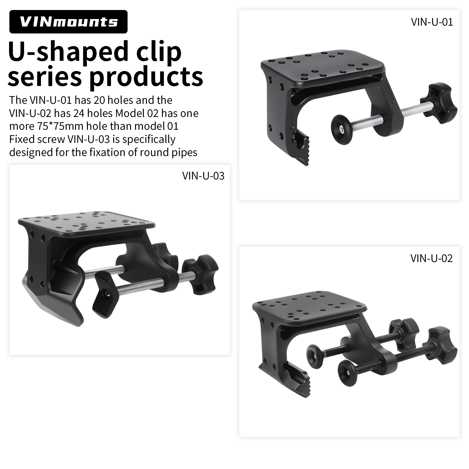 VINmounts Heavy Duty U-Clamp Mount Base for Tubes and Rails, No-Drill Adjustable Pipe Mount for Fish Finders, Tablet Holders, Monitors, Marine Electronics and Industrial Displays VIN-U-03
