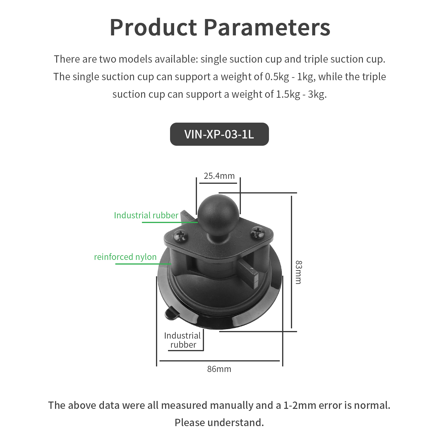 VINmounts Heavy Duty Single Suction Cup Mount with 1" Ball, Reinforced Nylon Vacuum Suction Base for Car Phone Holders, Windshield, Glass and Smooth Surfaces, Strong Hold, VIN-XP-03-1L