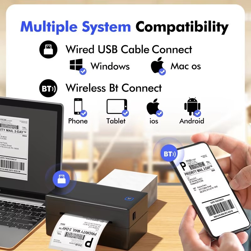 4 Inch Bluetooth Thermal Label Printer Wireless Small Shipping Label Printer 4x6 Compatible with iPhone Android Mac OS Window