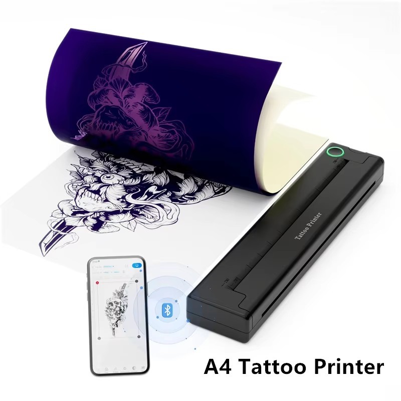 Portable A4 Thermal Tattoo Printer with 10 Tattoo Papers Wireless Bluetooth Tattoo Stencil Printer Supports Phone/iPad/Tablet/PC Printing Suitable for Tattoo Beginners