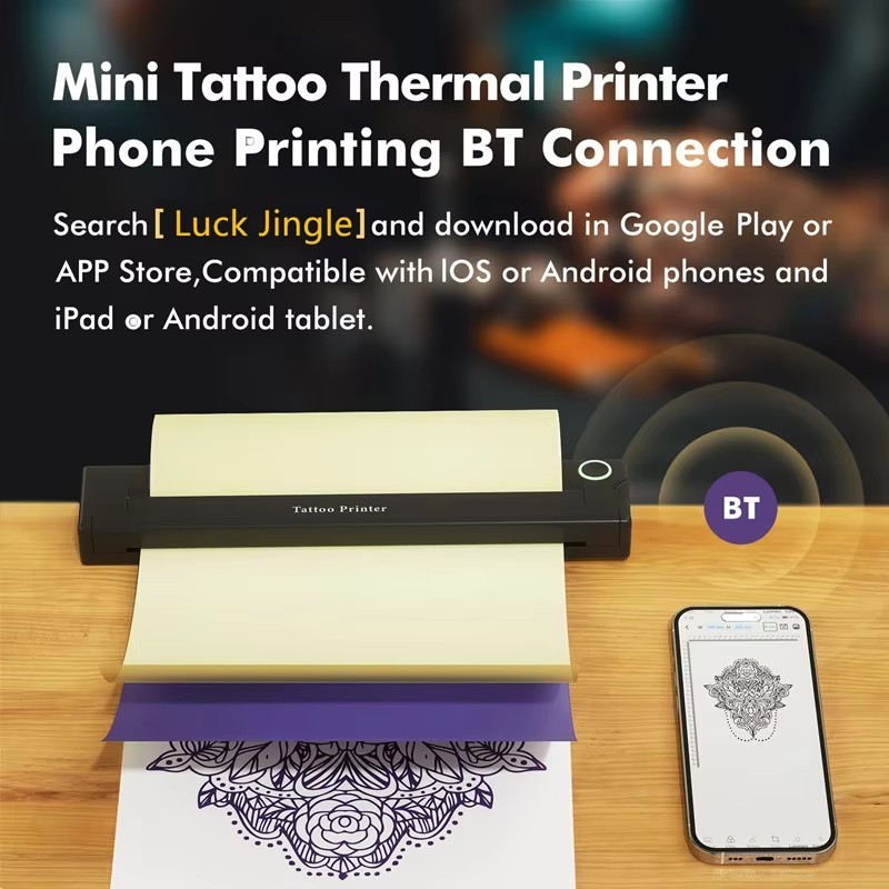 Portable A4 Thermal Tattoo Printer with 10 Tattoo Papers Wireless Bluetooth Tattoo Stencil Printer Supports Phone/iPad/Tablet/PC Printing Suitable for Tattoo Beginners