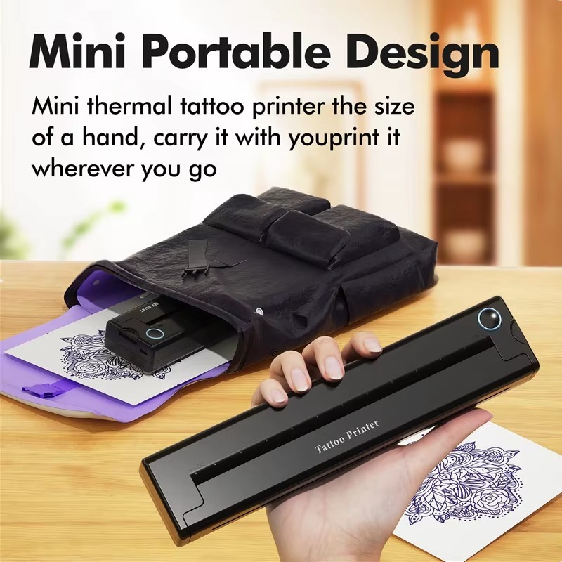 Portable A4 Thermal Tattoo Printer with 10 Tattoo Papers Wireless Bluetooth Tattoo Stencil Printer Supports Phone/iPad/Tablet/PC Printing Suitable for Tattoo Beginners