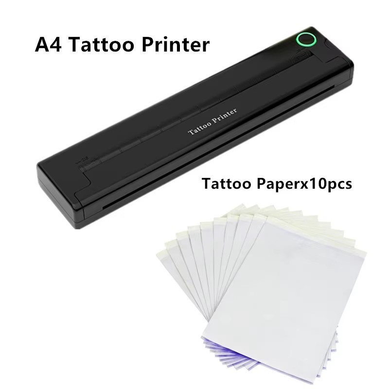 Portable A4 Thermal Tattoo Printer with 10 Tattoo Papers Wireless Bluetooth Tattoo Stencil Printer Supports Phone/iPad/Tablet/PC Printing Suitable for Tattoo Beginners