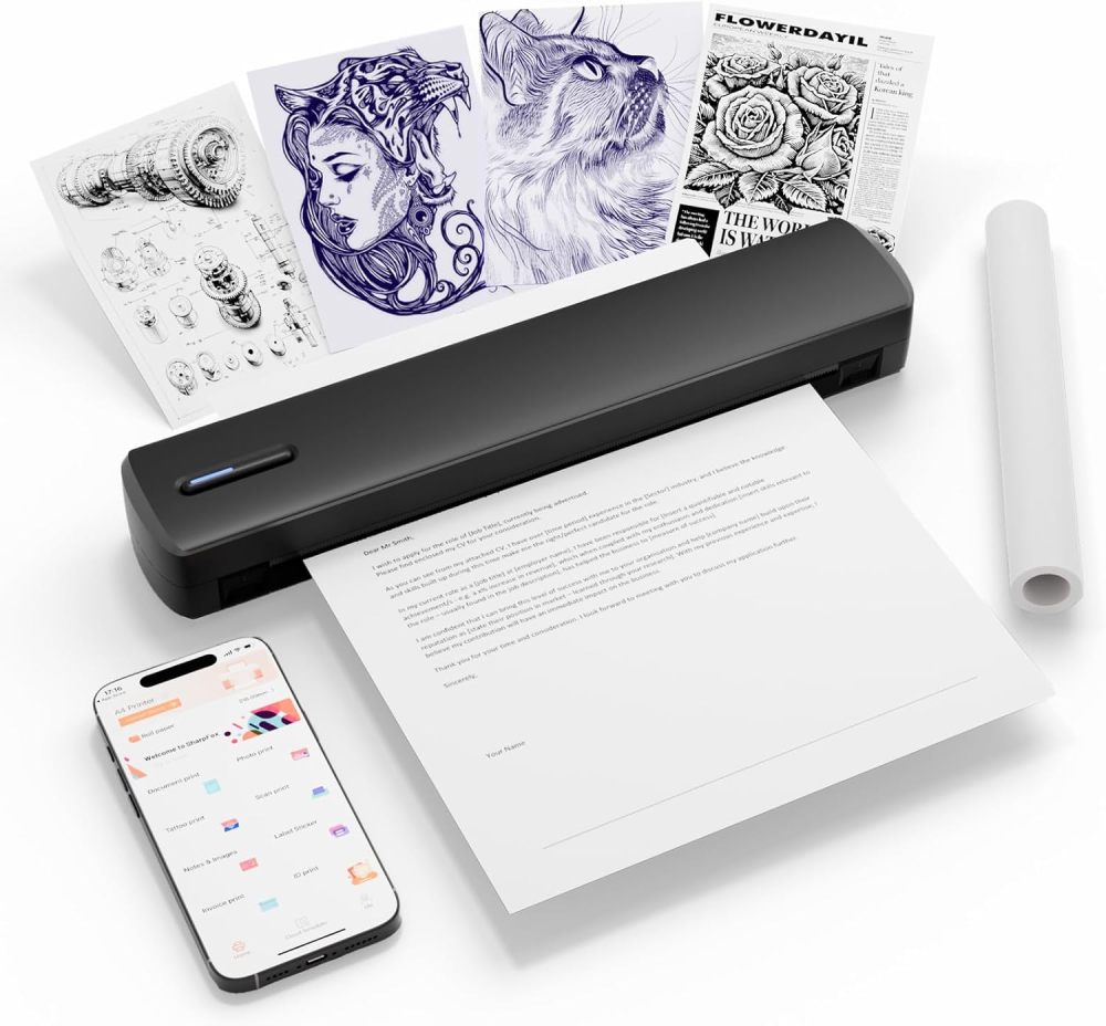 Tattoo Stencil Portable Thermal Printer: Wireless Bluetooth Transfer Machine Supports 8.5 x 11 Letter A4 A5 Sizes - Perfect for Tattooist Business Trip Travel Home Office - Laptop Smartphone and PC