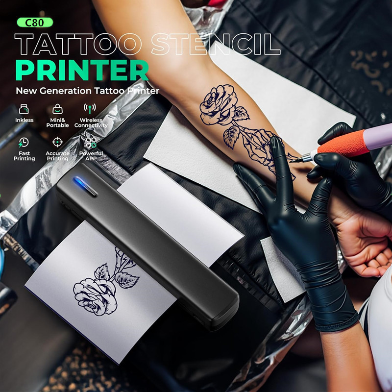NEKING Tattoo Stencil Printer, C80 Wireless Thermal Tattoo Printer with 10pcs Tattoo Transfer Papers, Portable Tattoo Machine for Artist & Beginners, Compatible with Phones, Tablets & PC, Black