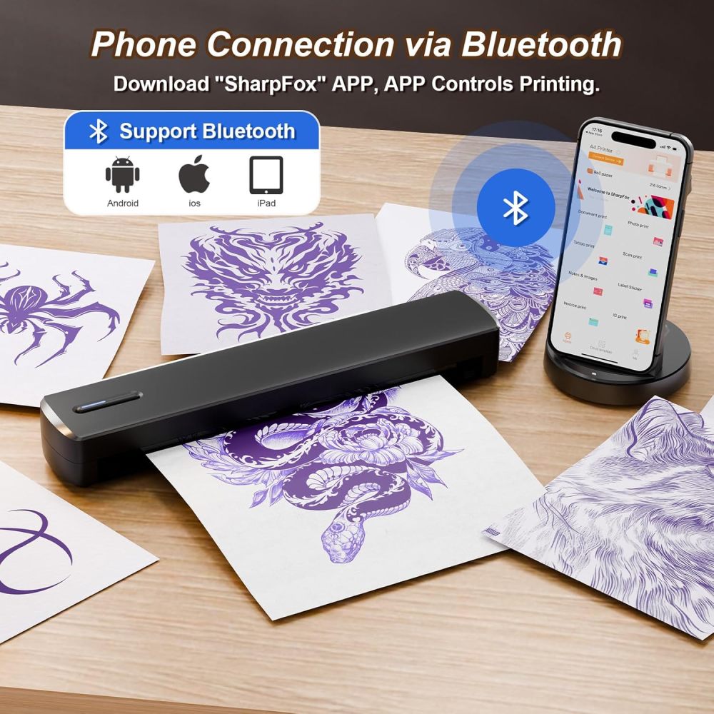 Tattoo Stencil Portable Thermal Printer: Wireless Bluetooth Transfer Machine Supports 8.5 x 11 Letter A4 A5 Sizes - Perfect for Tattooist Business Trip Travel Home Office - Laptop Smartphone and PC