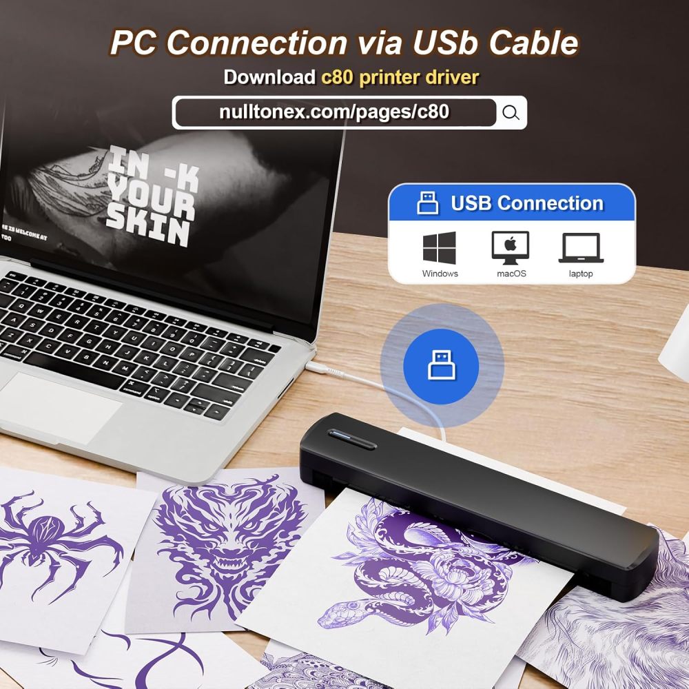 Tattoo Stencil Portable Thermal Printer: Wireless Bluetooth Transfer Machine Supports 8.5 x 11 Letter A4 A5 Sizes - Perfect for Tattooist Business Trip Travel Home Office - Laptop Smartphone and PC