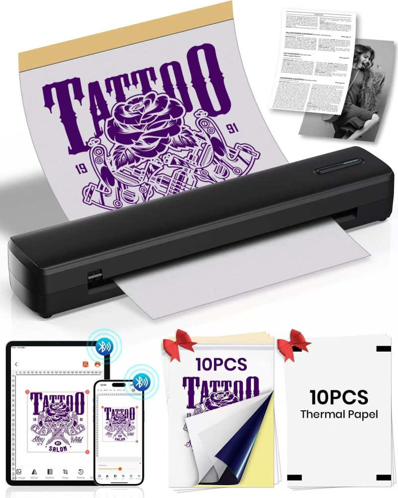 Wireless Tattoo Stencil Printer with 10 pcs of Transfer Paper or 10 pcs A4 Size Thermal Paper,Tattoo Printer Machine for Tattoo Artists& Beginners,Compatible with Phone&PC