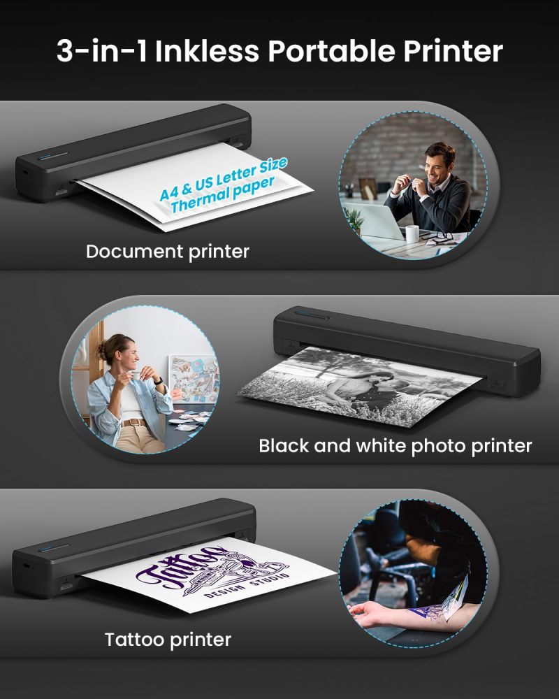 Wireless Tattoo Stencil Printer with 10 pcs of Transfer Paper or 10 pcs A4 Size Thermal Paper,Tattoo Printer Machine for Tattoo Artists& Beginners,Compatible with Phone&PC