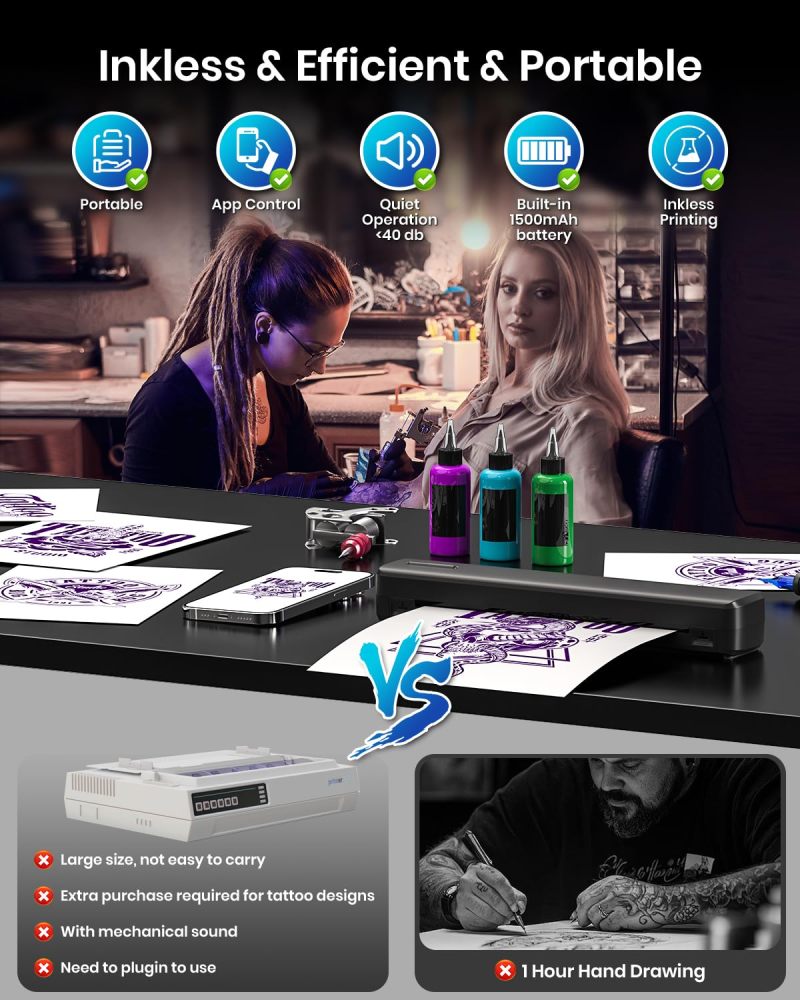 Wireless Tattoo Stencil Printer with 10 pcs of Transfer Paper or 10 pcs A4 Size Thermal Paper,Tattoo Printer Machine for Tattoo Artists& Beginners,Compatible with Phone&PC