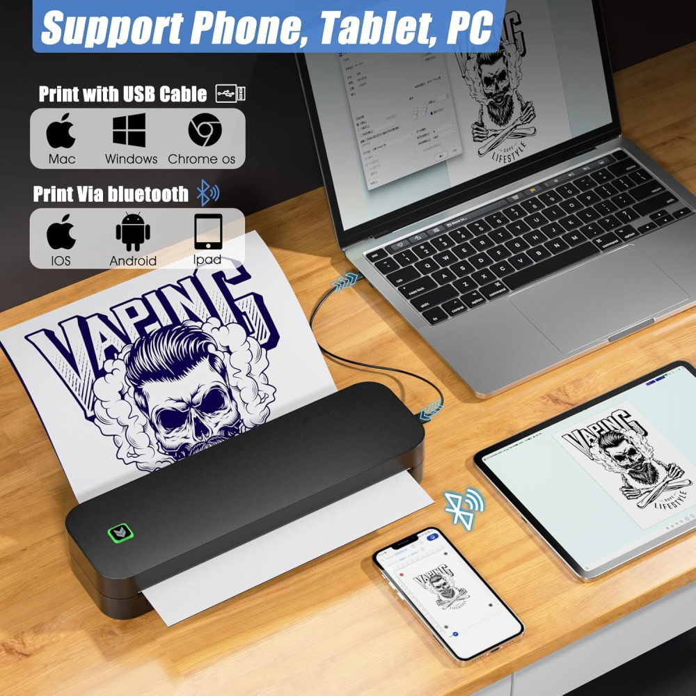 NEKING Tattoo Printer Wireless Tattoo Stencil Printer for Tattooing- Bluetooth Tattoo Transfer Stencil Machine Thermal Printer Copier with 10pcs Transfer Paper,Compatible for iOS＆Android Phone, iPad＆PC