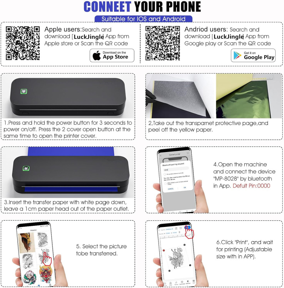 NEKING Tattoo Printer Wireless Tattoo Stencil Printer for Tattooing- Bluetooth Tattoo Transfer Stencil Machine Thermal Printer Copier with 10pcs Transfer Paper,Compatible for iOS＆Android Phone, iPad＆PC