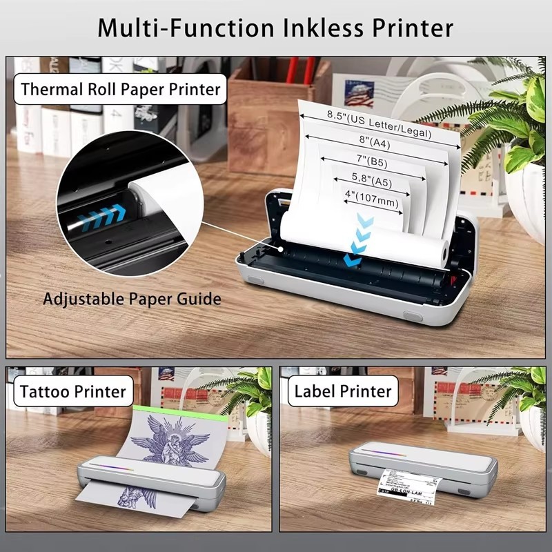 Inkless Portable Printer for Travel, Wireless Bluetooth Thermal Printer Support 8.5" X 11" US Letter&A4&A5 Thermal Paper for Office&Car&Home, Compatible with iOS, Android, Laptop