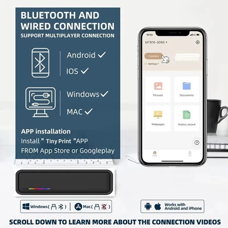 Portable Tattoo Stencil Printer Wireless Bluetooth Office Document Homework Thermal Printer Supports A4/A5/US Letter Size Thermal Paper Compatible with Smartphones & PC