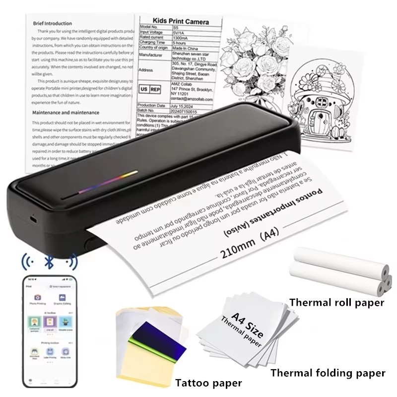 Inkless Portable Printer for Travel, Wireless Bluetooth Thermal Printer Support 8.5" X 11" US Letter&A4&A5 Thermal Paper for Office&Car&Home, Compatible with iOS, Android, Laptop