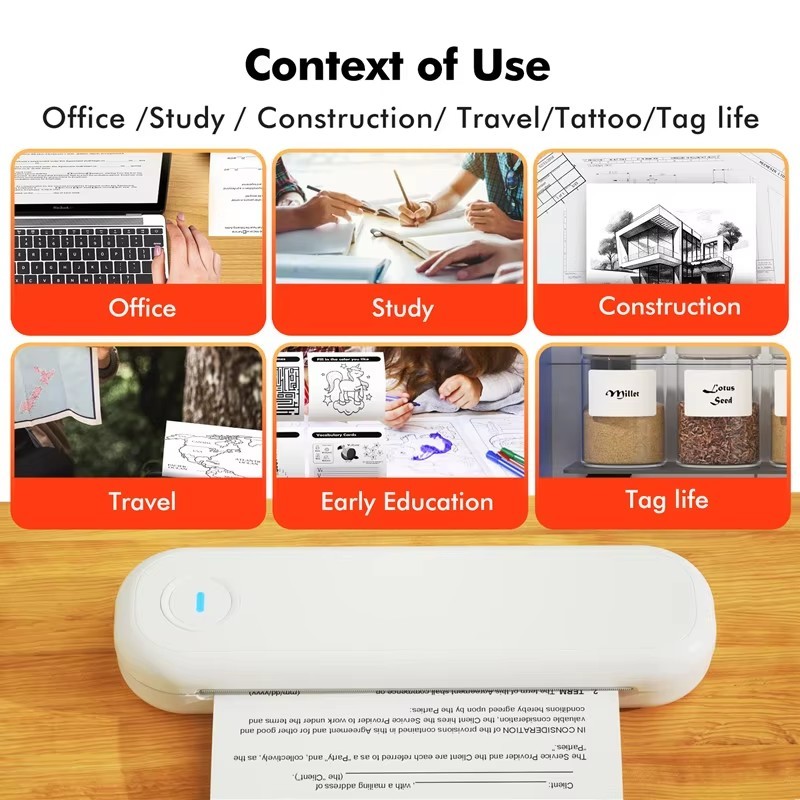 Portable wireless Bluetooth thermal printer supports 8.5x11 inch US Letter&Legal A4&A5 Thermal Paper compatible with Android/iOS/Windows/Mac, suitable for office/home/car travel