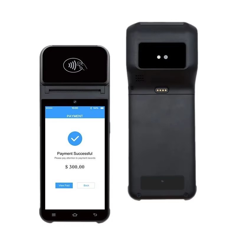 Portable handheld Android 13 POS PDA terminal cash register 2GB+16GB with NFC reader and 2D barcode scanner supporting Wifi/GPS/BT/4G full network connection 5.5-inch touch screen mobile payment collection device with built-in 58mm thermal receipt printer