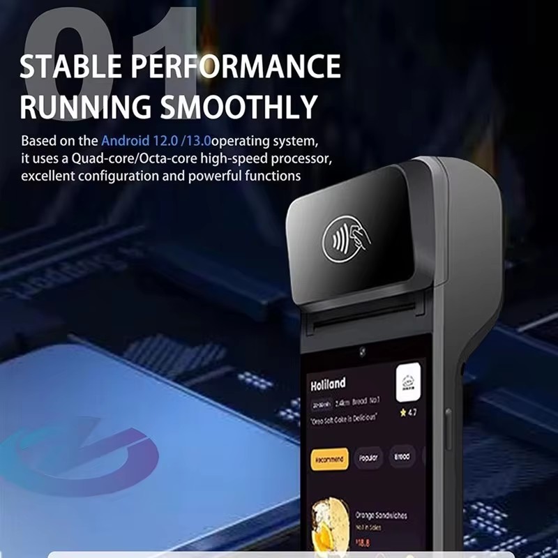 Portable handheld Android 13 POS PDA terminal cash register 2GB+16GB with NFC reader and 2D barcode scanner supporting Wifi/GPS/BT/4G full network connection 5.5-inch touch screen mobile payment collection device with built-in 58mm thermal receipt printer