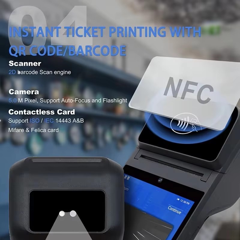 Portable handheld Android 13 POS PDA terminal cash register 2GB+16GB with NFC reader and 2D barcode scanner supporting Wifi/GPS/BT/4G full network connection 5.5-inch touch screen mobile payment collection device with built-in 58mm thermal receipt printer