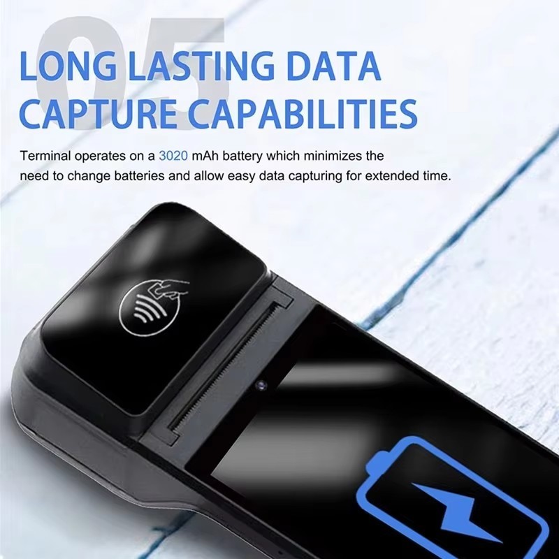 Portable handheld Android 13 POS PDA terminal cash register 2GB+16GB with NFC reader and 2D barcode scanner supporting Wifi/GPS/BT/4G full network connection 5.5-inch touch screen mobile payment collection device with built-in 58mm thermal receipt printer