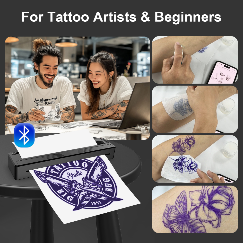 New Tattoo Stencil Printer - Wireless Bluetooth Thermal Tattoo Printer Transfer Machine, Includes 10pcs Transfer Paper, Portable Tattoo Printer for Beginners & Pros, Works with iPhone/Android/iPad
