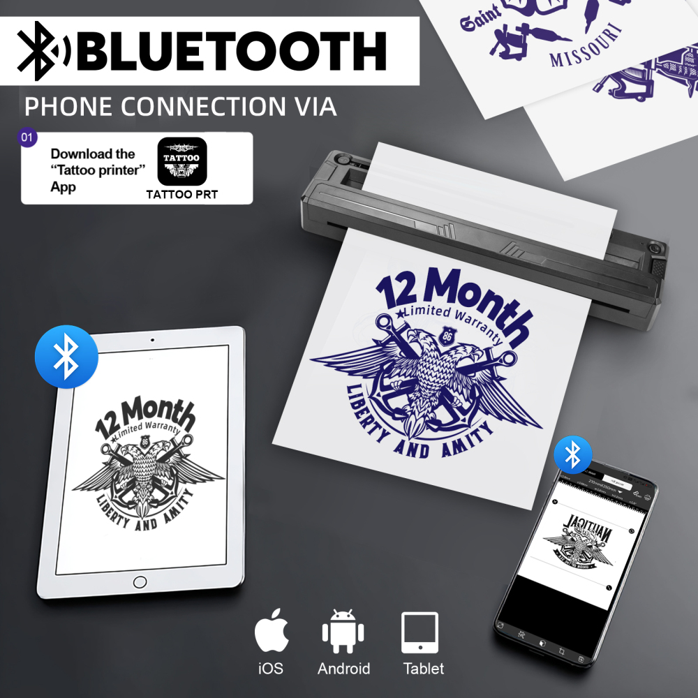 New Tattoo Stencil Printer - Wireless Bluetooth Thermal Tattoo Printer Transfer Machine, Includes 10pcs Transfer Paper, Portable Tattoo Printer for Beginners & Pros, Works with iPhone/Android/iPad