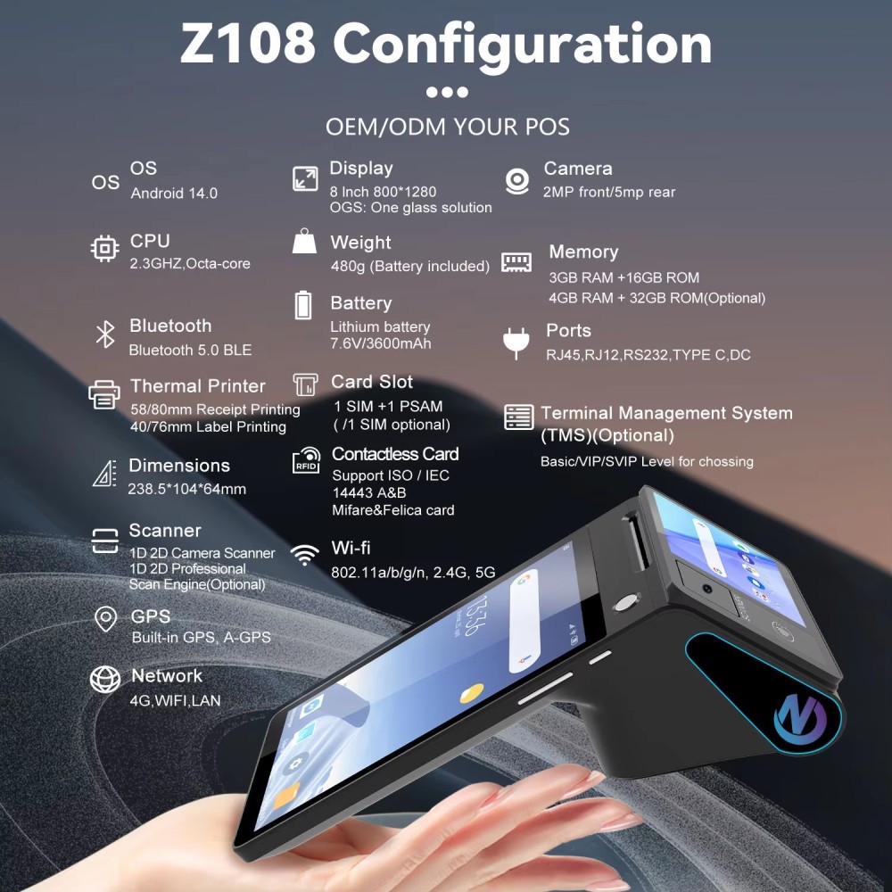 Z108 Android 13/14 Dual-Screen Desktop Tablet Cash Register with 8" Touch Display NFC Scanner 58/80mm Thermal Printer POS Terminal