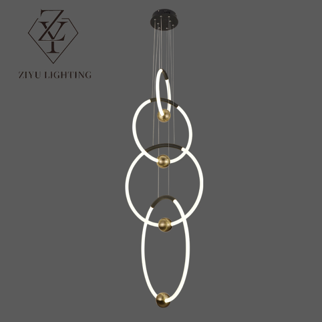 Living room long chandelier creative personality revolving staircase lamp Villa chandelier modern simple ring chandelier