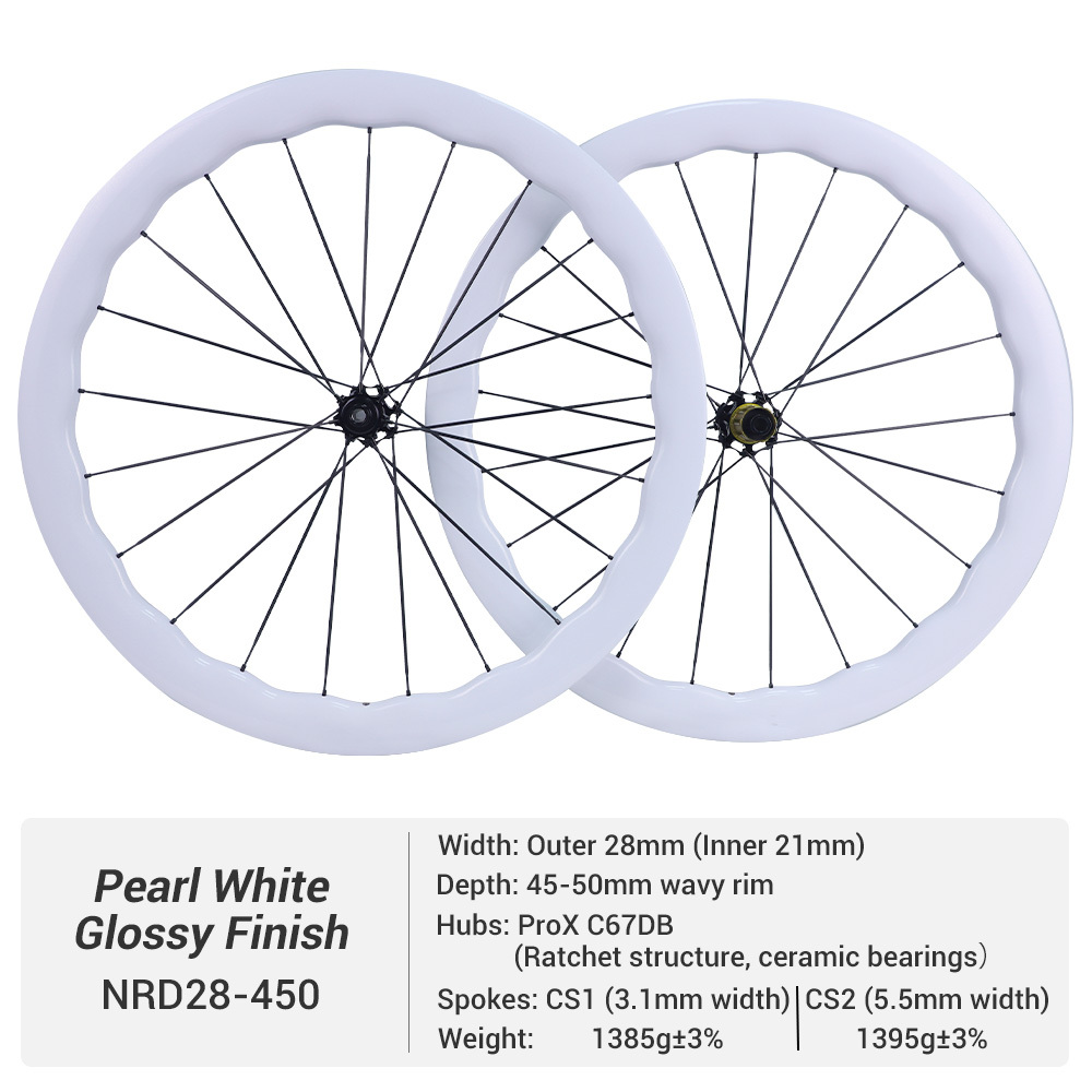 ProX Super Light C67DB Full Carbon Spoke Wheels Pearl White Wavy Rim Carbon Road Wheels