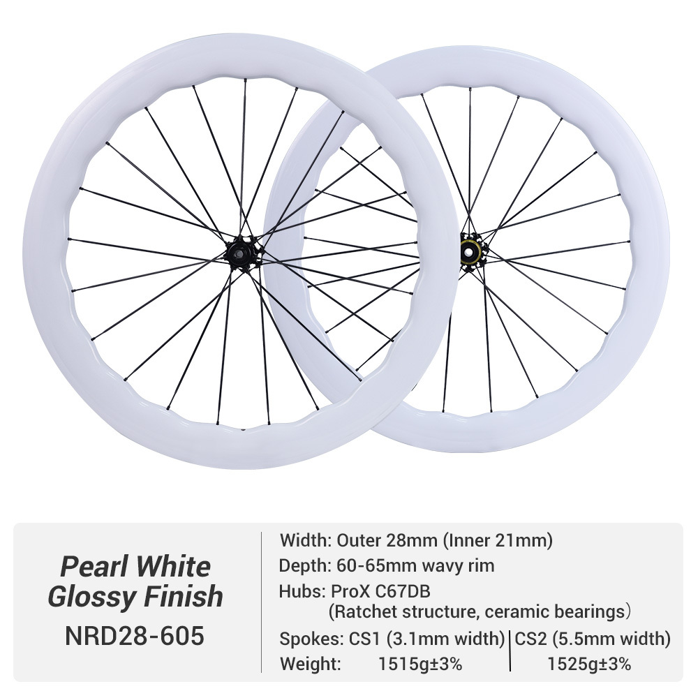 ProX Super Light C67DB Full Carbon Spoke Wheels Pearl White Wavy Rim Carbon Road Wheels
