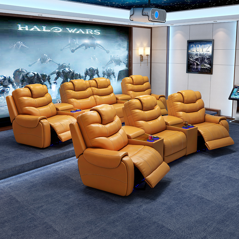 All-cowhide three-seat and 2 middle console arc design video room private cinema sofa luxury, all-electric stretching function